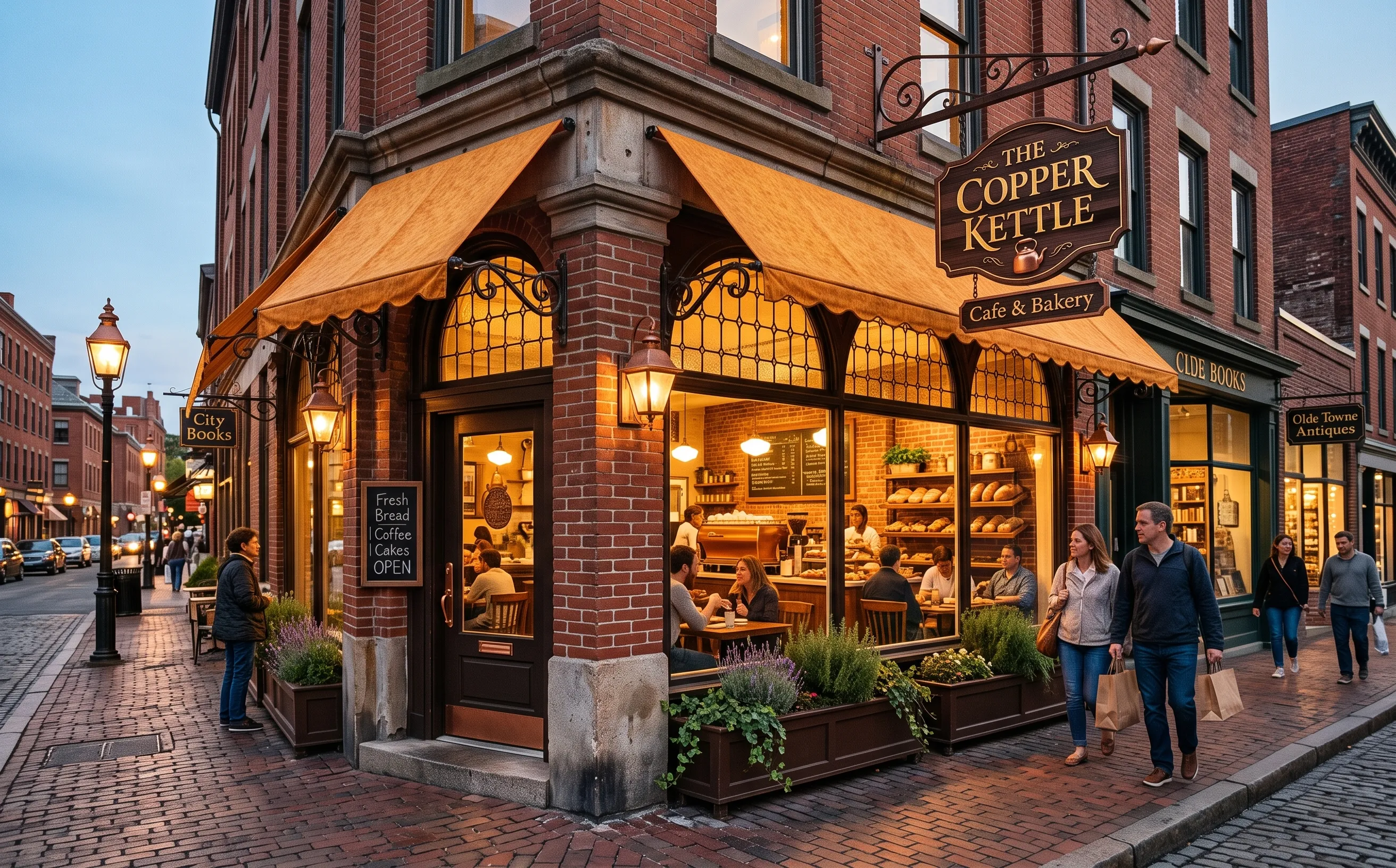 Exterior view of The Copper Kettle on the corner of Main and 3rd